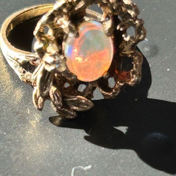 14K Genuine Opal Diamond Cocktail Ring Antiqued Cage Floral Motif Vintage Size 7 - Picture 12 of 17